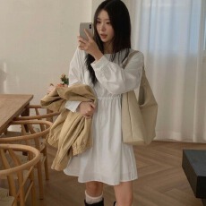 批发<b class='q'>韩国</b>春新百搭混配重工抽绳收腰棉水洗长袖衬衫圆领连衣裙日通勤