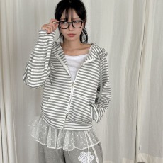 批发2026春东大门复古条纹连帽卫衣休闲<b class='q'>开衫</b>外套