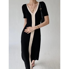 批发2026春夏新款<b class='q'>韩国</b>chic夏季复古V领撞色短袖开叉针织女连衣裙