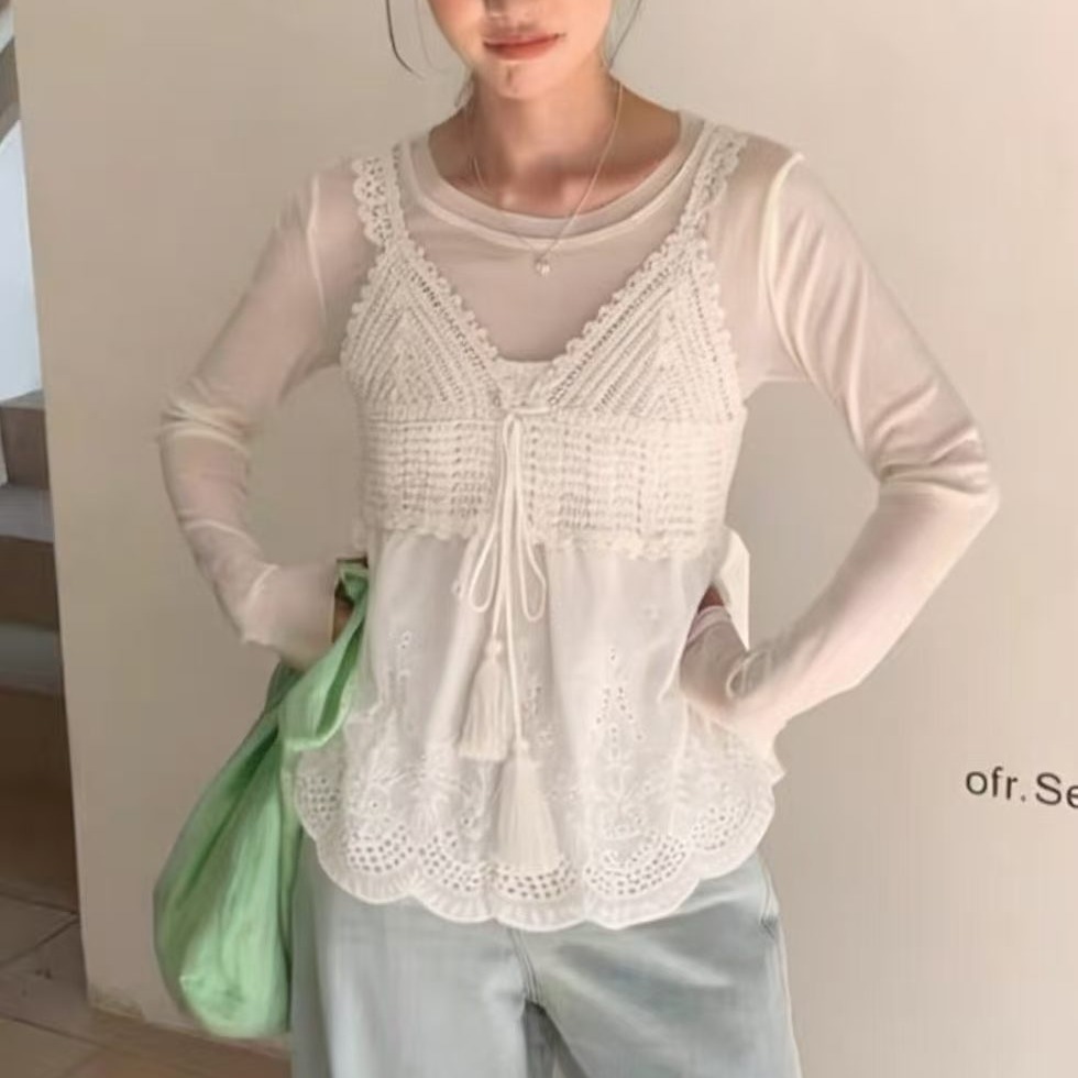 2026 봄 여름 새로운 한국 chic 여름 레트로 V넥 술 자수 짧은 소매 위버 조끼 스택 착용