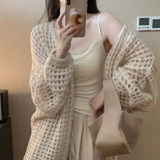 批发小众日系粗针温柔镂空宽松开衫女春秋慵懒风外搭长袖网格罩衫上衣