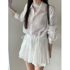 批发韩国东大门<b class='q'>新款</b>26春夏薄款褶皱衬衫叠穿<b class='q'>短裙</b>抹胸两件套装