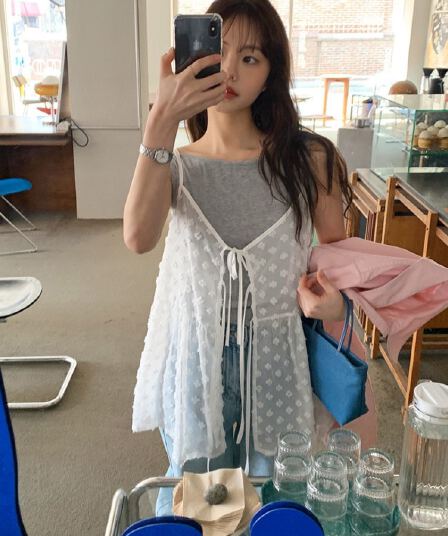 여름 ins 작은 대중 디자인 개성 단색 작은 꽃 스택 착용 망사 레이스업 슬립 맨위