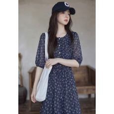 批发实拍 2026春<b class='q'>夏</b>复古碎花气质小清新雪纺中袖长款连衣裙长裙