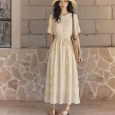 批发实拍 简约优雅宽松大码百褶显瘦雪纺直筒连衣裙