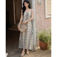 实拍 波西米亚波普风复古吊带无袖直筒连衣裙