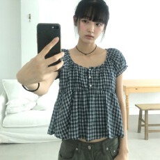 批发韩国2026夏季新款女装乖巧风格子大圆领泡泡袖<b class='q'>衬衫</b>女