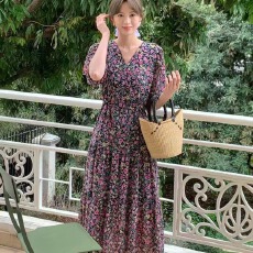 批发实拍 碎花韩范<b class='q'>小清新</b>雪纺收腰中长款<b class='q'>连衣裙</b>