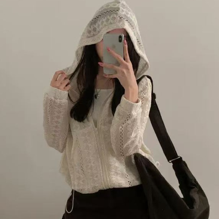 한국 스타일 chic 작은 대중 다용도 디자인 센스 자수 홀로우 아웃 루즈핏 지퍼 니트 후드 재킷 맨위