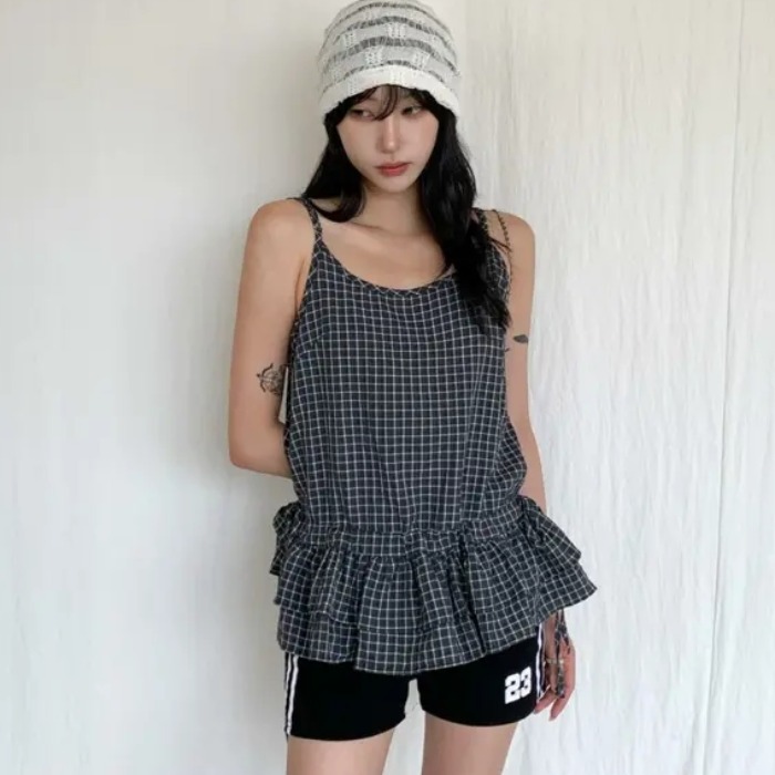 한 부서 디자인 센스 펌프 로프 레이스업 프릴 체크무늬 슬립 여성 여름 새로운 레트로 품격 다용도 조끼