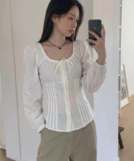 봄 여름 보 주님 같은 단락 프랑스식 품격 거품 소매 다용도 슬림해 보이는 나비 매듭 허리 수축 셔츠 맨위 여성