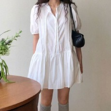 批发ins风韩国东大门小清新<b class='q'>泡泡袖</b><b class='q'>连衣裙</b> 时尚甜美拿褶低腰女短裙