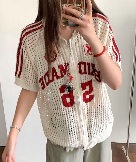 아메리칸 레트로 홀로우 아웃 저지 반팔 오픈 가디건 여성 외부 가져 가라. 여름 얇은 스타일 루즈핏 슈퍼 잘 생긴 니트 블라우스 맨위