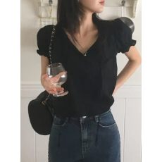 批发官网Frenchaube韩国可爱泡泡袖系带半开领白色短款衬衫