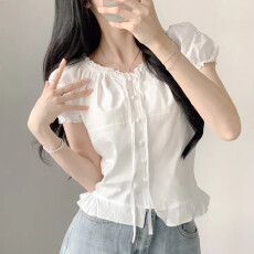 批发<b class='q'>雪纺衫女</b>夏新款韩版设计感法式蕾丝花边系带短袖修身短款小衫上衣