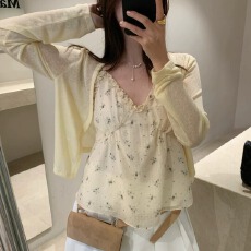 批发韩系黄色小碎花雪纺V领吊带背心