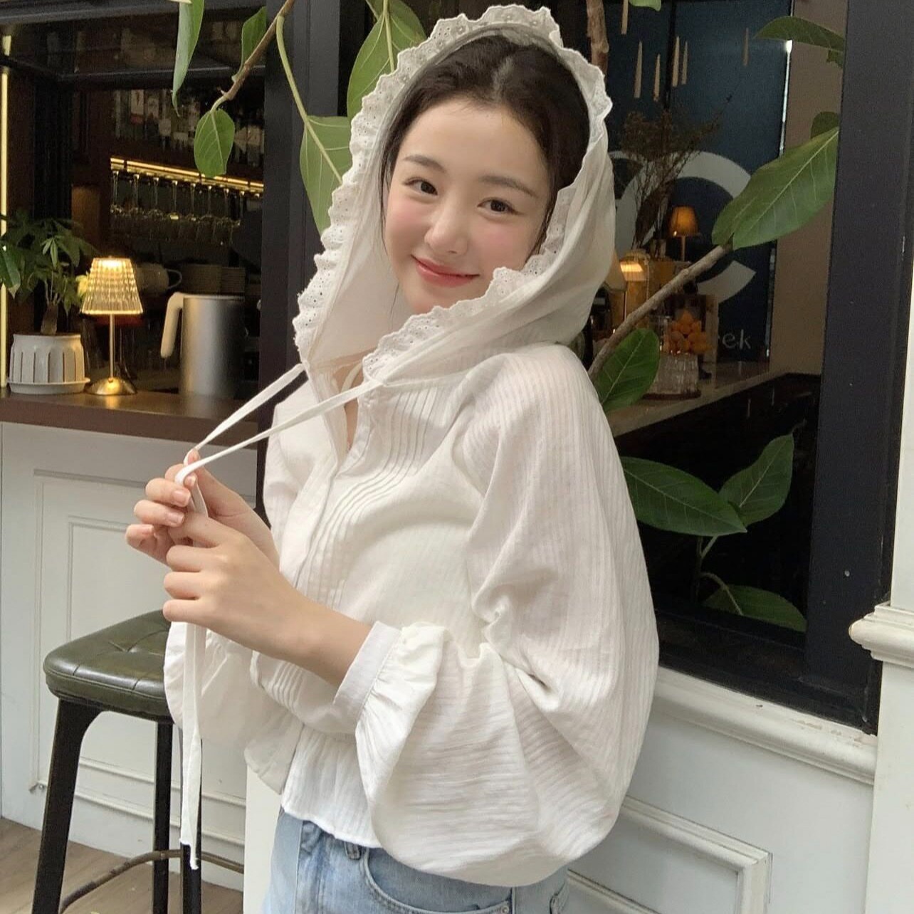 한국 chic 여름 새로운 디자인 센스 밴딩 허리 수축 레이스 후드 레이스 긴팔 자외선 차단 재킷 c