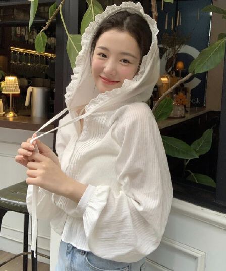 한국 chic 여름 새로운 디자인 센스 밴딩 허리 수축 레이스 후드 레이스 긴팔 자외선 차단 재킷 c