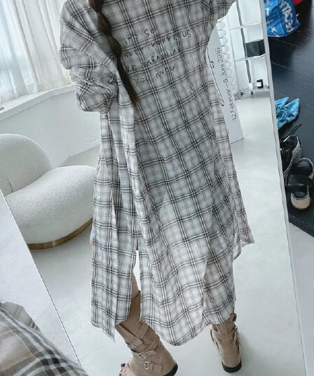 롱 코트 격자 무늬 셔츠 자외선 차단 여성 코트 여름 새로운 캐주얼 다용도 루즈핏 슬림해 보이는 트임 알파벳 맨위 트렌디