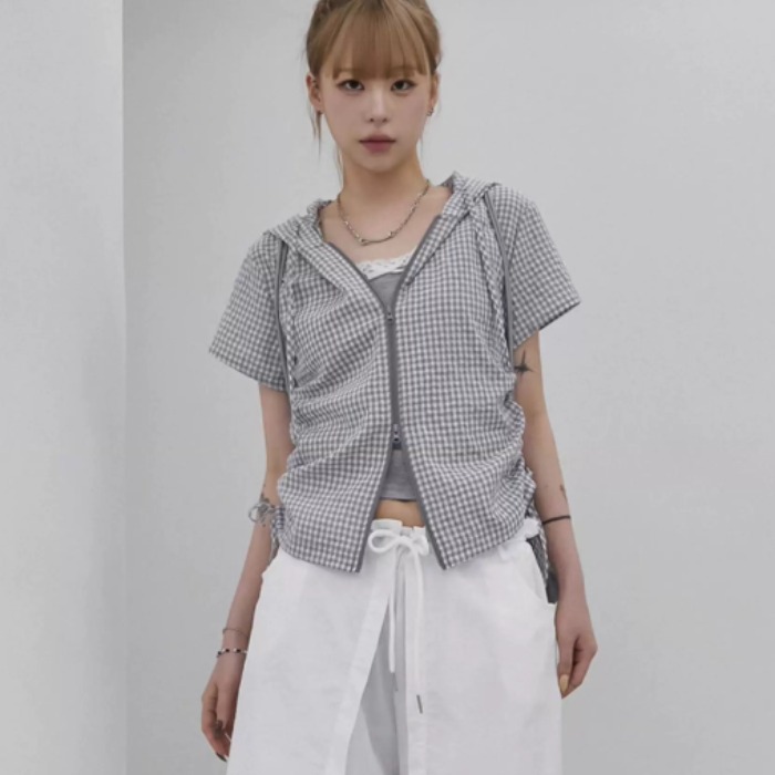 한국 26 여름 주름 체크무늬 후드 지퍼 반팔 셔츠