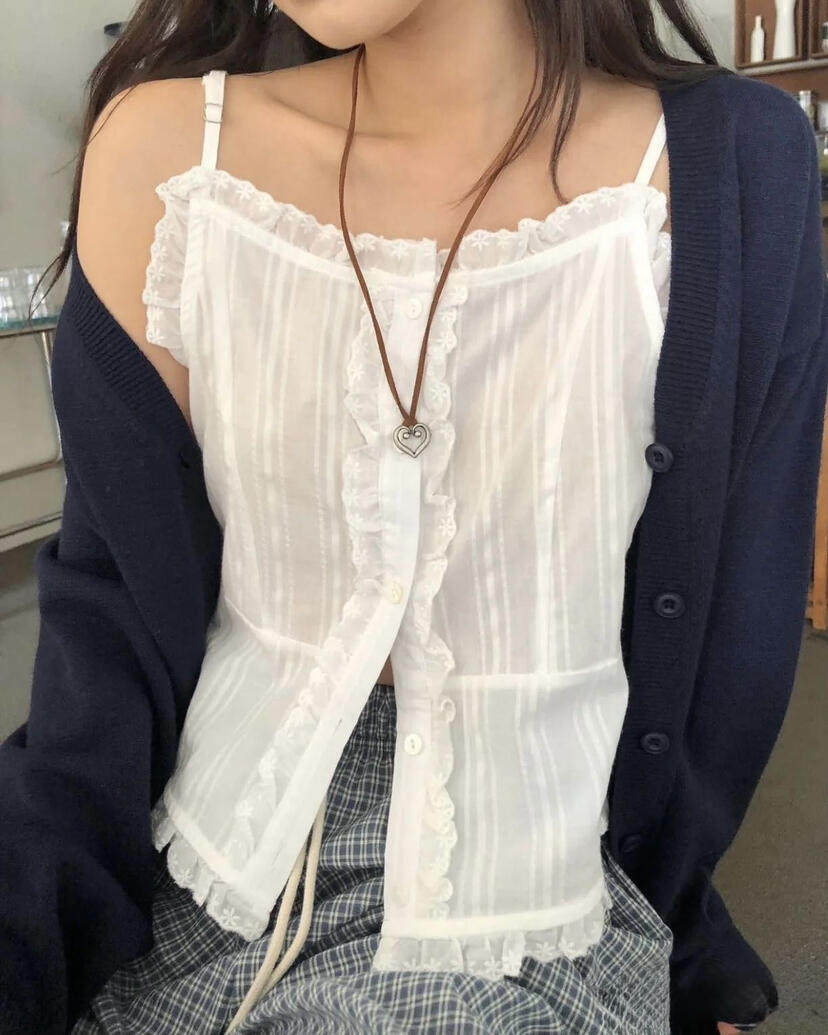 한국 여름 달콤함 귀여운 레이스 슬립 화이트 작은 조끼 셔츠 맨위
