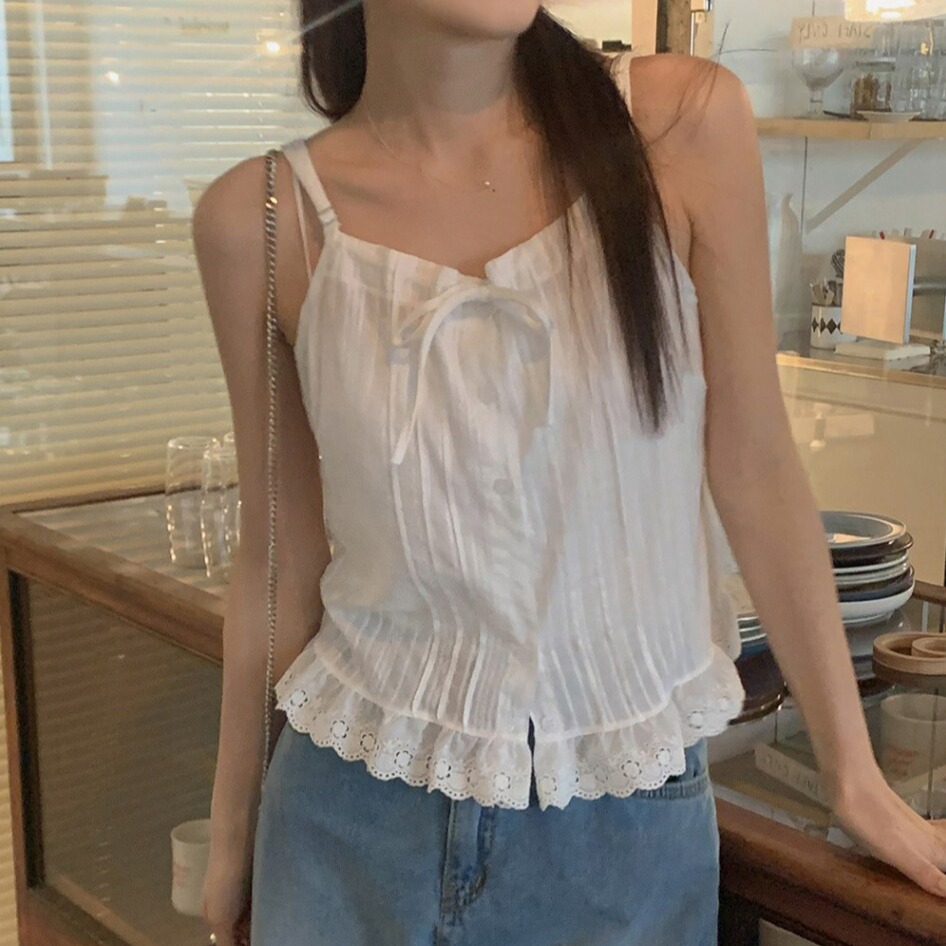 작은 키 캐미솔 여름 새로운 프랑스식 레이스업 프릴 외국 가스 연령 감소 쇼트 스타일 디자인 센스 맨위