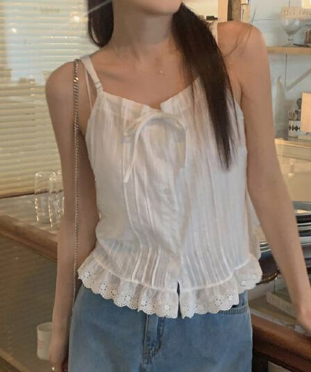 작은 키 캐미솔 여름 새로운 프랑스식 레이스업 프릴 외국 가스 연령 감소 쇼트 스타일 디자인 센스 맨위