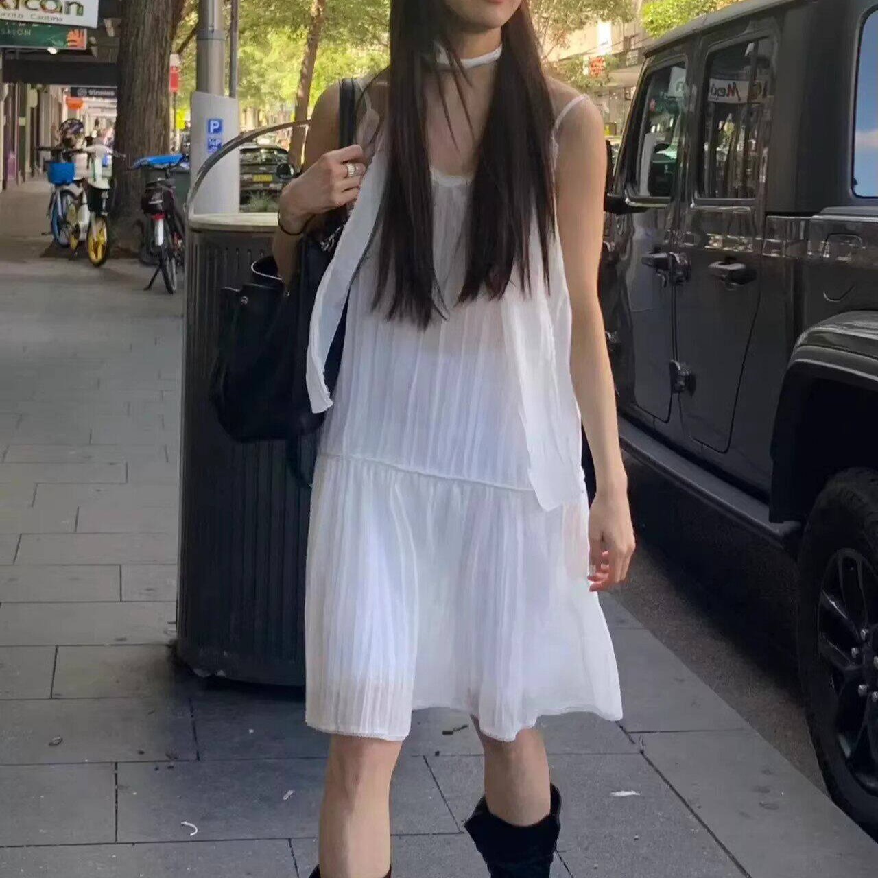 한국 lysm2026 봄 한 부서 미니멀리즘 마이크로 ~을 통해 화이트 슬립 드레스 여성 리본 드레스