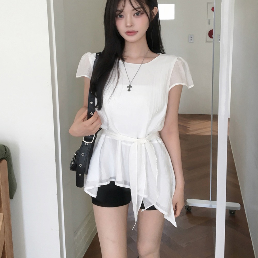 한국 chic 한국 스타일 불규칙 반팔 라운드 넥 셔츠