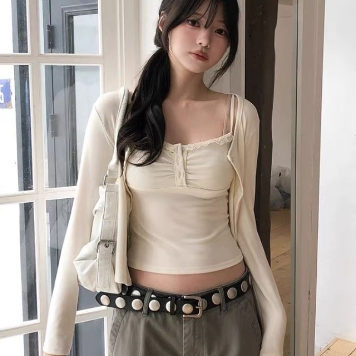 2026 년 한 부서 레이스 측면 몸매 가꾸기 슬립 짧은 오픈 가디건 세트 긴팔 슬립 투피스 슈트
