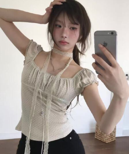 2026 년 일본식 아름다움 의류 거품 소매 도트 무늬 광장 칼라 티셔츠 여자 플리츠 프릴 레이스 측면에 의류
