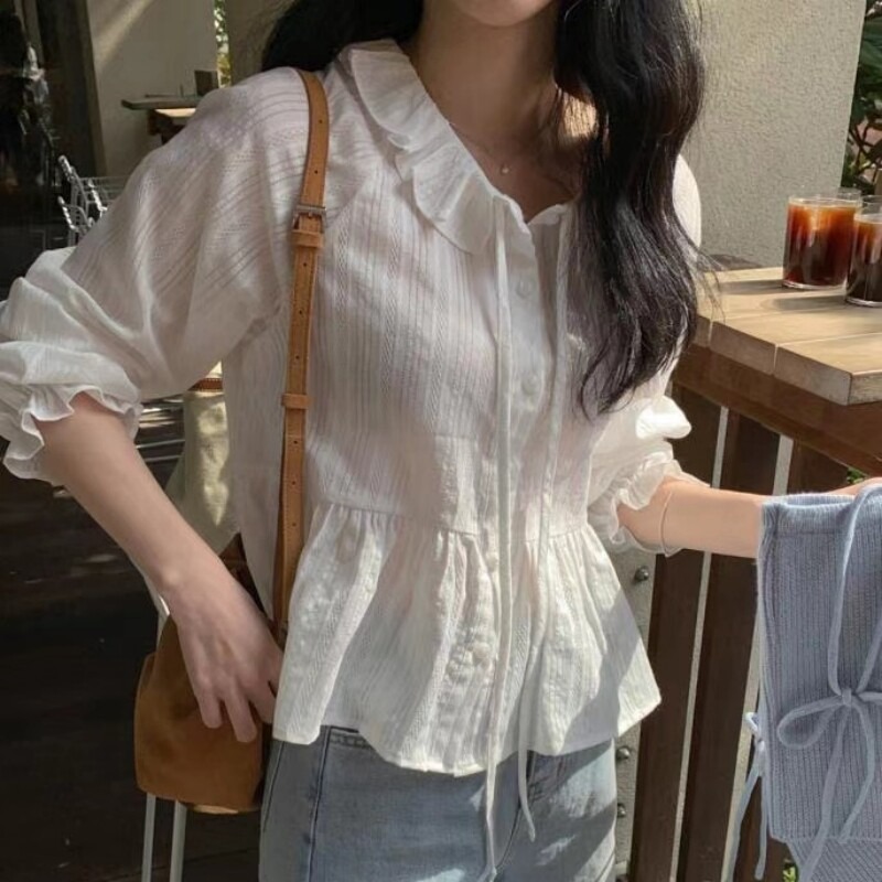 2026 년 한국 스타일 달콤함 레이스 레이스업 자카드 셔츠 귀여운 슬림해 보이는 다용도 인형 셔츠 셔츠 여성