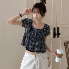 韩国2026夏季新款女装乖巧风格子大圆领泡泡袖衬衫女