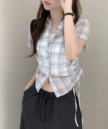 한국 chic 체크무늬 반팔 싱글 줄 버튼 여성 셔츠 밑단 펌프 Pleat 펌프 로프 디자인 다용도 맨위