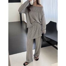 批发2026<b class='q'>春</b>季 韩版可斜肩上衣屁帘长裤针织两件套女松弛感慵懒套装