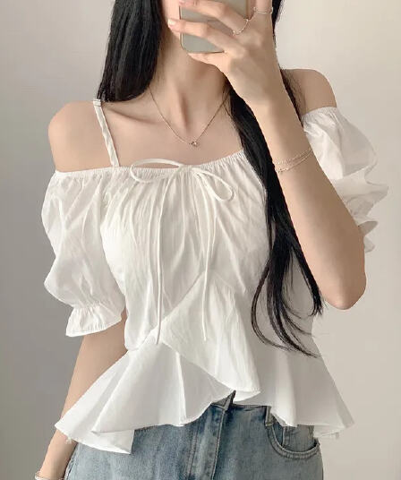 여름 오프숄더 작은 셔츠 밑단 불규칙 프릴 단색 거품 소매 쉬폰 블라우스 맨위 여성