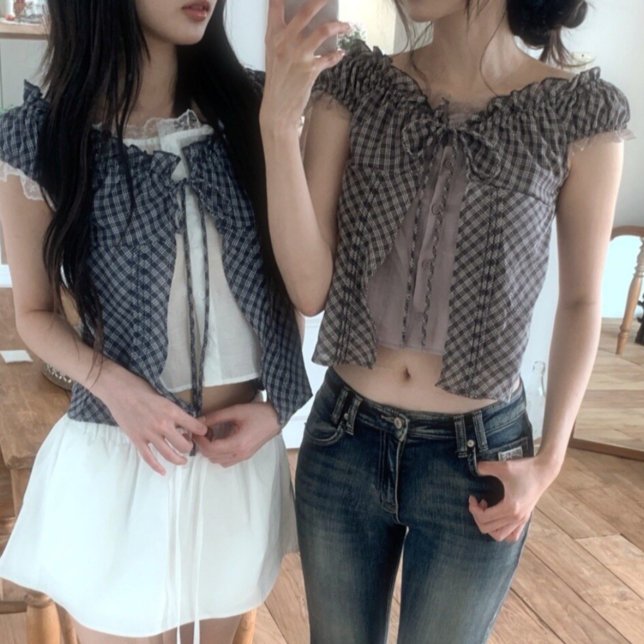 여름 새로운 일본식 레트로 스타일 페이크 레이어드 체크무늬 레이스 레이스 몸매 가꾸기 슬림해 보이는 반팔 셔츠 작은 셔츠 여성