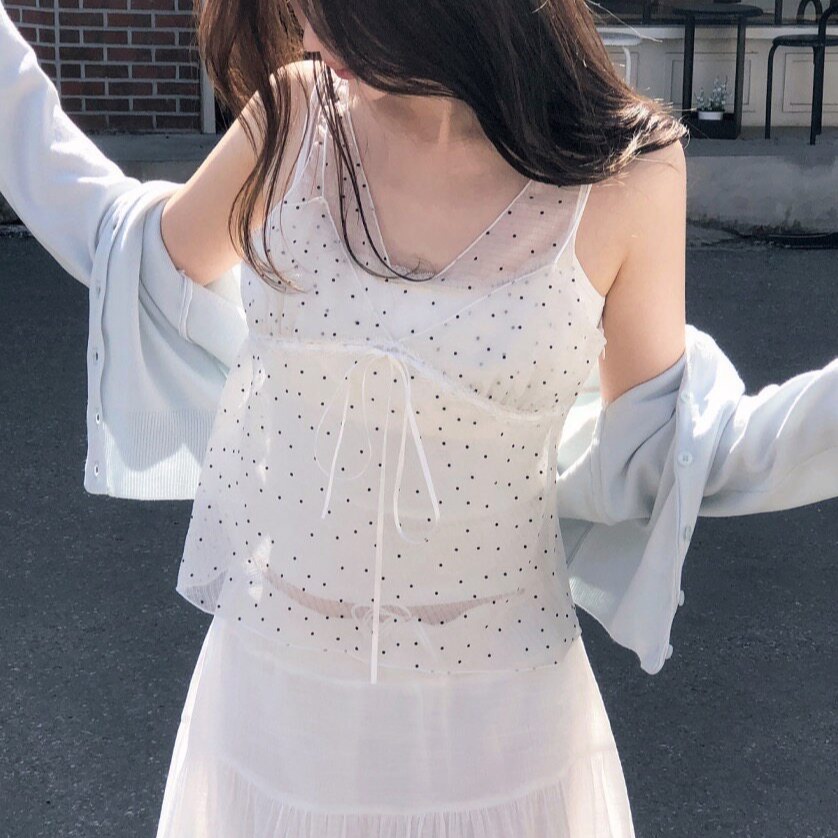 chic 패치워크 디자인 센스 망사 도트 무늬 레이스업 조끼 맨위 여성