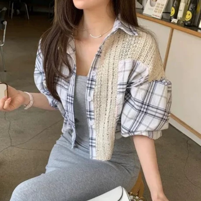 2026 년 한 부서 레트로 패치워크 디자인 체크무늬 중간 소매 셔츠 패션 품격 오픈 가디건 맨위 트렌디