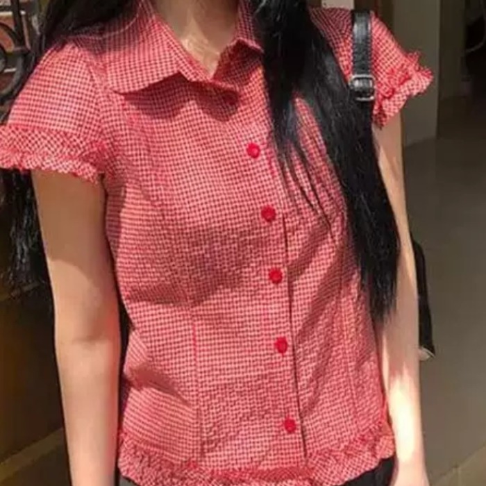우아함 부드러운 품격 플리츠 목이버섯 레이스 체크무늬 슬림해 보이는 캐주얼 부서 버클 슬림해 보이는 반팔 셔츠