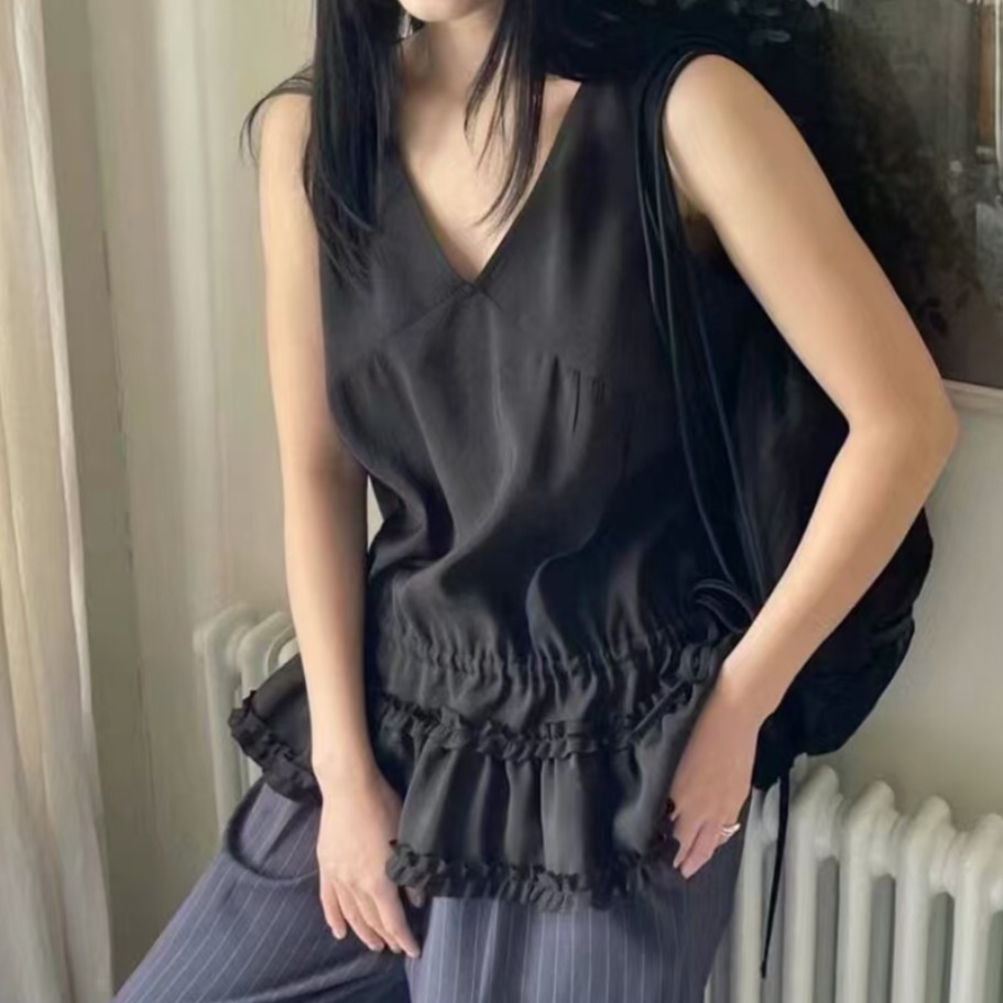 2026 년 봄 여름 한 부서 작은 청신 펌프 로프 Chic 프릴 레이스업 만나는 조끼