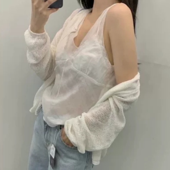 이른 봄 새로운 한 부서 나비 넥타이 ins 센스 V넥 품격 캐미솔 맨위 여성