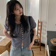 批发韩国代购 高腰短款泡泡袖甜美少女风格衬衫