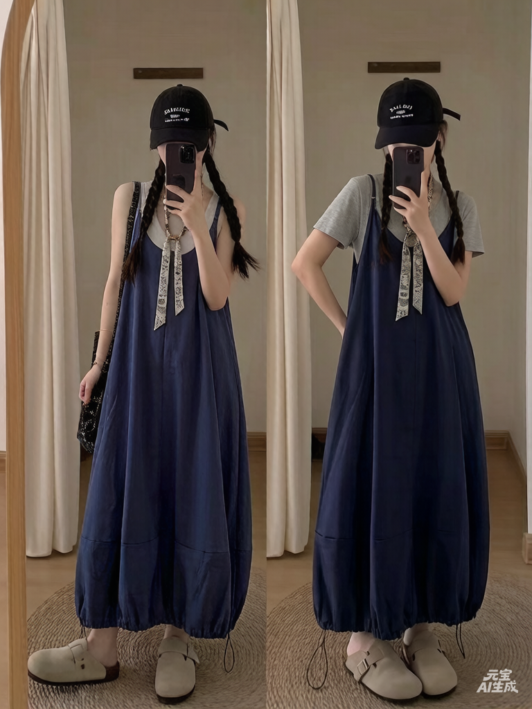 일본식 학생 팬 조끼 루즈핏 캐주얼 슬립 펌프 로프 랜턴 드레스 투피스 세트