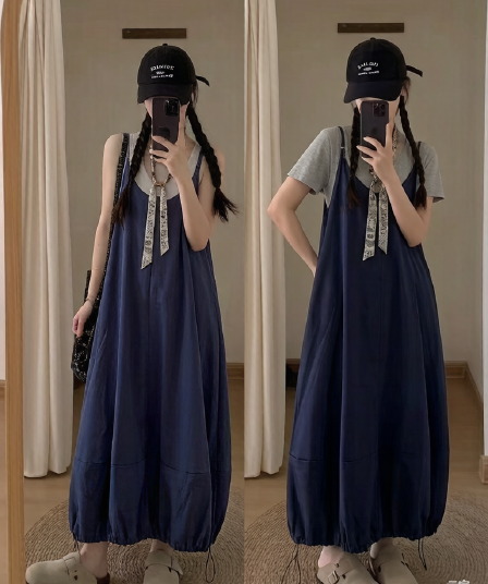 일본식 학생 팬 조끼 루즈핏 캐주얼 슬립 펌프 로프 랜턴 드레스 투피스 세트