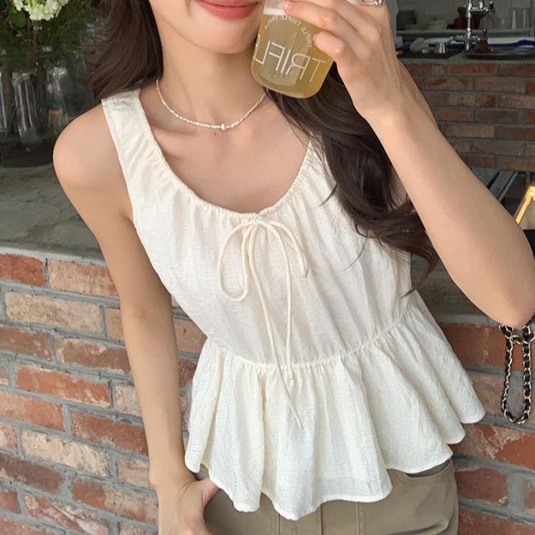 여름 스타일 질감 센스 민소매 작은 셔츠 캐미솔 허리 수축 Chic 품격 맨위