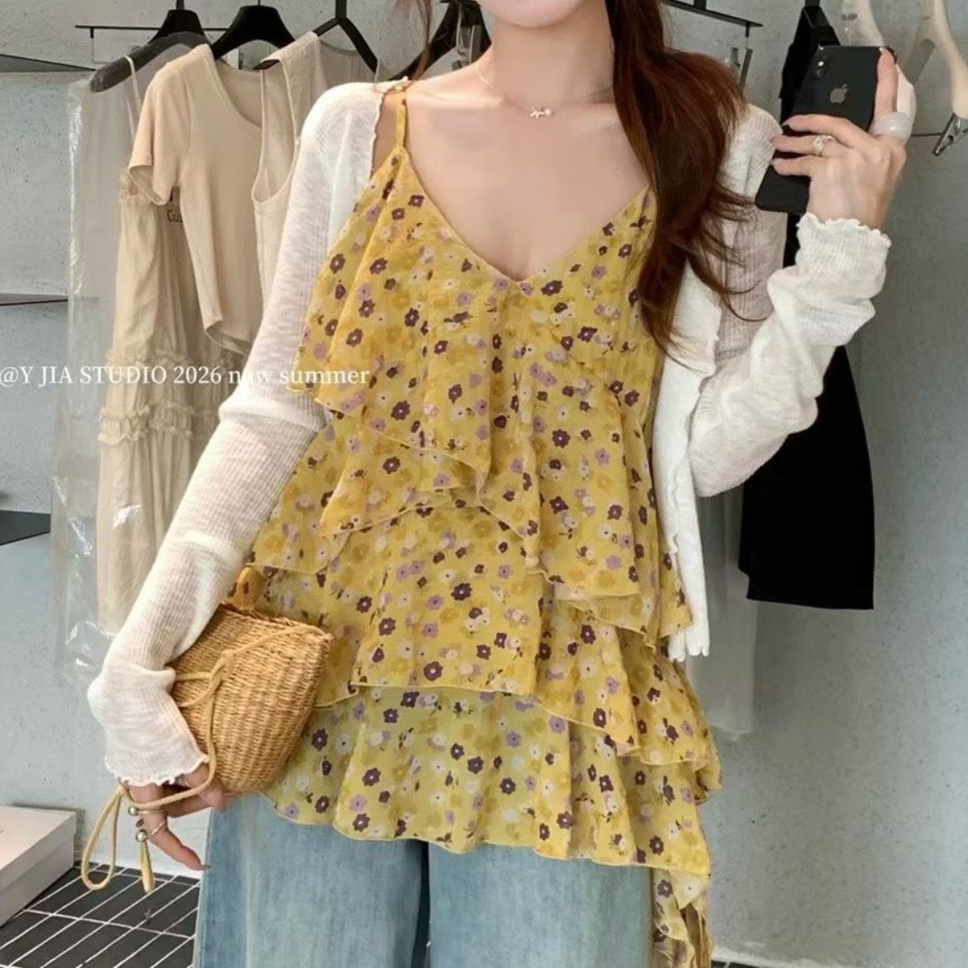 프랑스식 순수한 욕망 꽃무늬 슬립 프릴 조끼 여성 여름 새로운 슬림해 보이는 다용도 달콤한 매운맛 연령 감소 휴가 바람 맨위