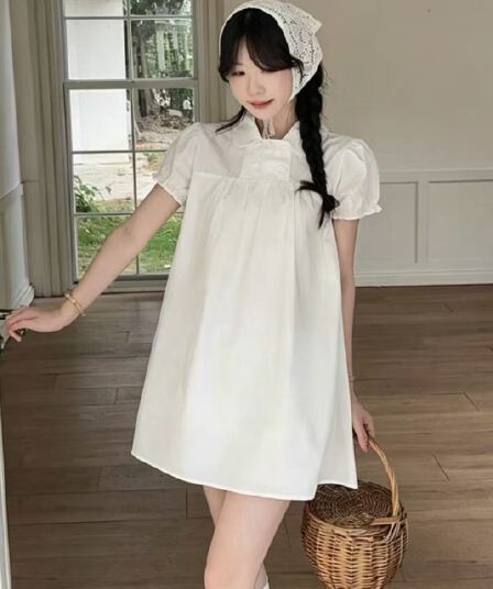 2026 한 부서 이중 버튼 거품 소매 아시아 인 베이비 칼라 셔츠 드레스 긍정적 인 어깨 몸매 가꾸기 디자인 센스