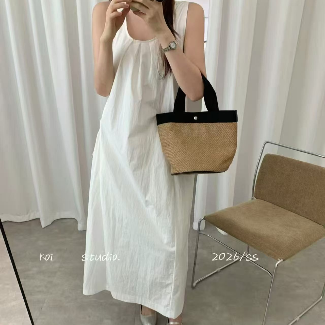 한국 스타일 민소매 여성 드레스 여름 루즈핏 슬림해 보이는 출퇴근 롱 스커트 느슨함 센스 휴가 바람