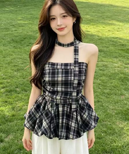 프랑스식 체크무늬 튜브탑 캐미솔 인사이드 가져 가라. 여름 포장 가슴이 없다. 어깨끈 불규칙 민소매 만나는 외출용 맨위